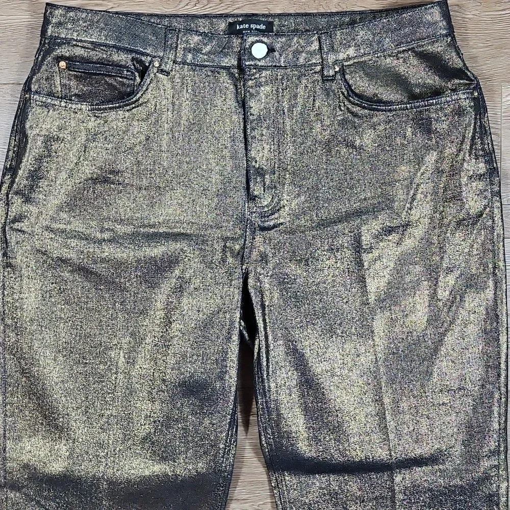 NEW Kate Spade Gold Metallic Stretch Denim Straight Leg Mid Rise Crop Pant Jean
